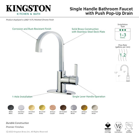 Continental LS8212CTL Single-Handle 1-Hole Deck Mount Bathroom Faucet with Push Pop-Up, Polished Brass