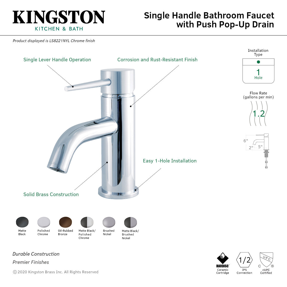 New York LS8220NYL Single-Handle 1-Hole Deck Mount Bathroom Faucet with Push Pop-Up, Matte Black