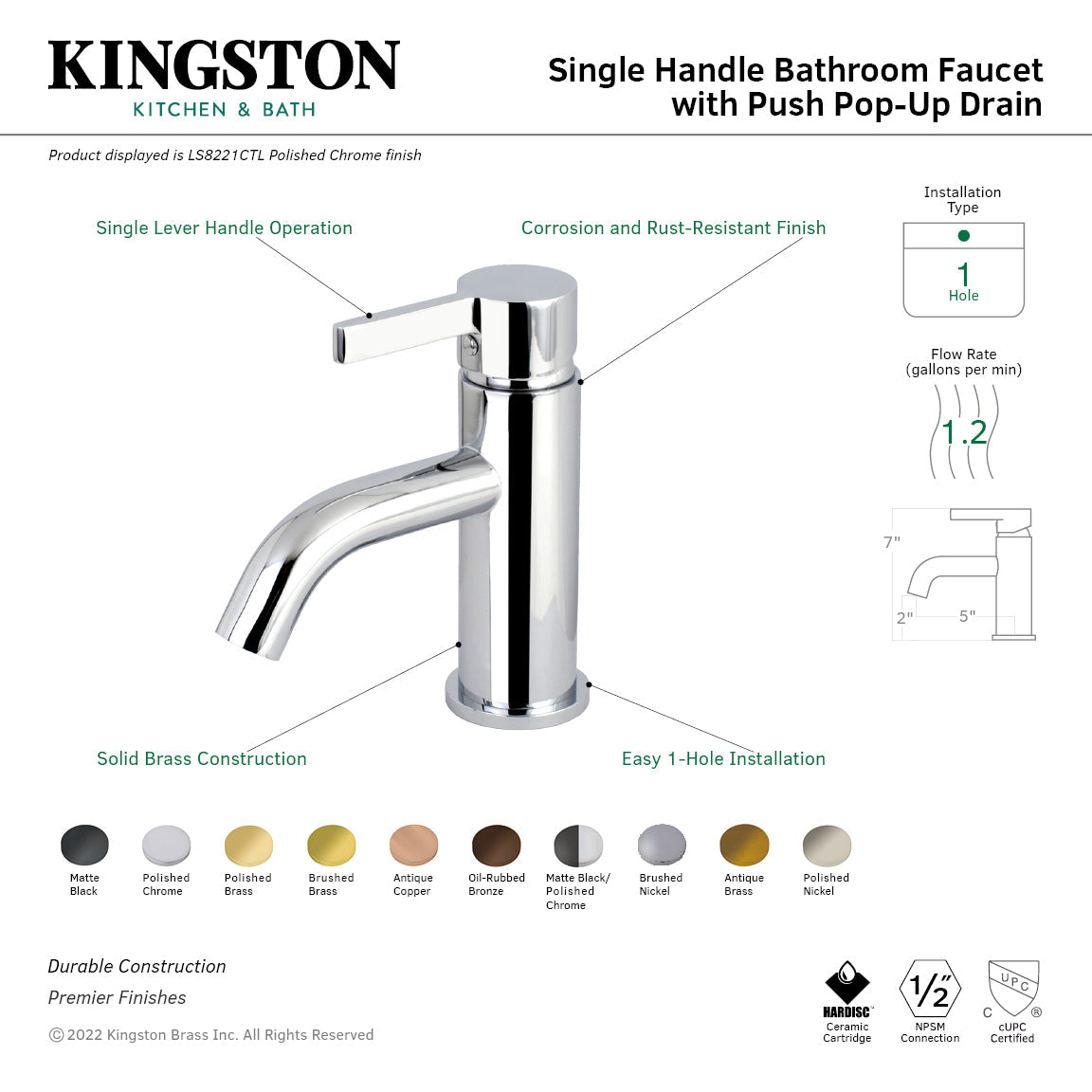 Continental LS8221CTL Single-Handle 1-Hole Deck Mount Bathroom Faucet with Push Pop-Up, Polished Chrome