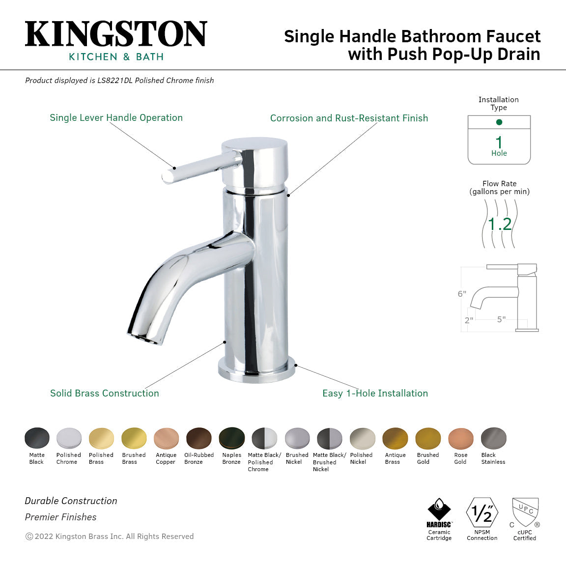 Concord LS8227DL Single-Handle 1-Hole Deck Mount Bathroom Faucet with Push Pop-Up, Matte Black/Polished Chrome