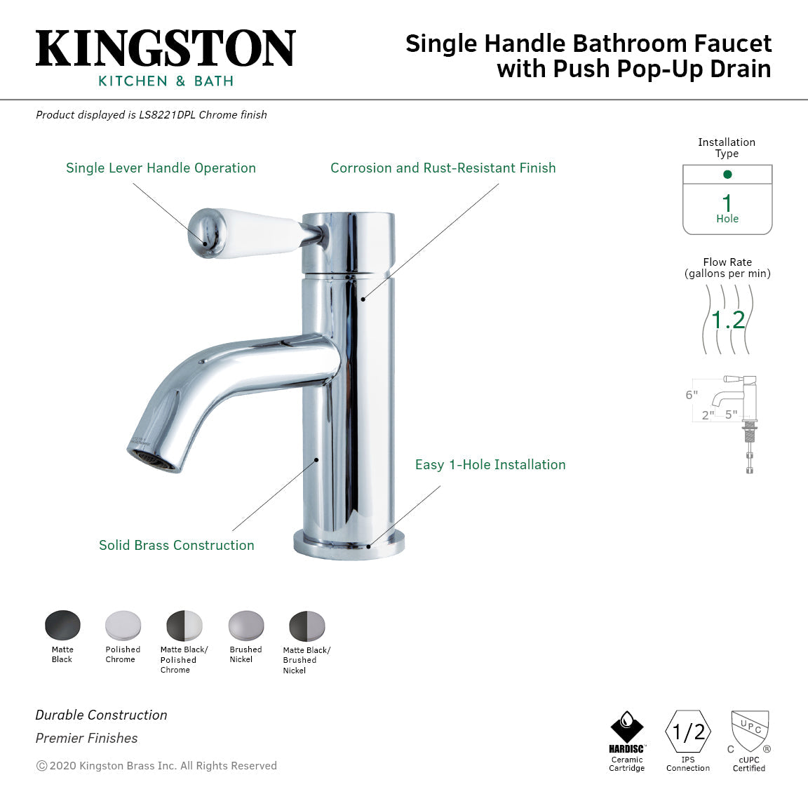 Paris LS8227DPL Single-Handle 1-Hole Deck Mount Bathroom Faucet with Push Pop-Up, Matte Black/Polished Chrome