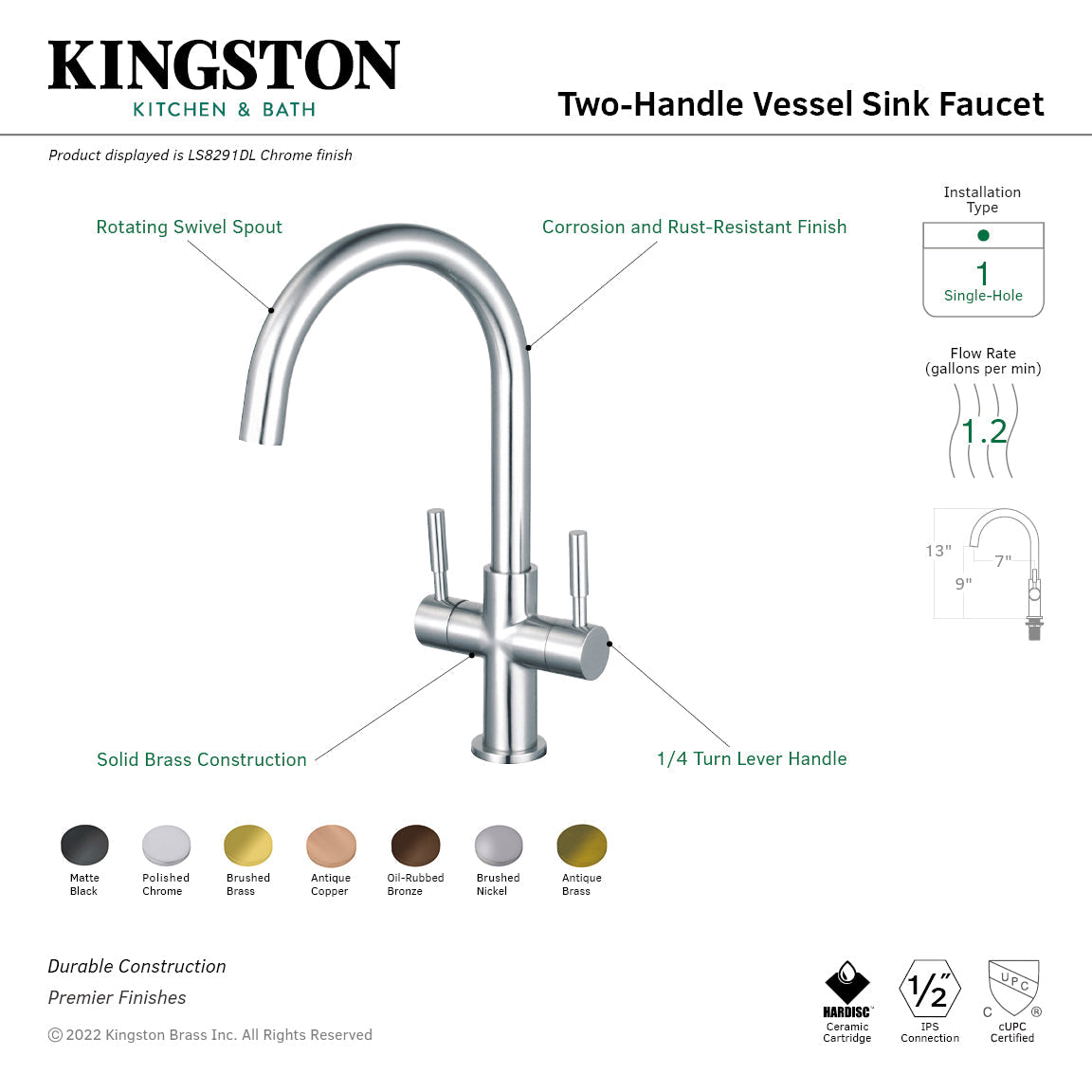 Concord LS8298DL Two-Handle 1-Hole Deck Mount Vessel Faucet, Brushed Nickel