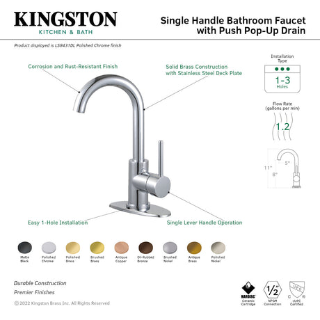 Concord LS843DLPN Single-Handle 1-Hole Deck Mount Bathroom Faucet with Push Pop-Up, Polished Nickel