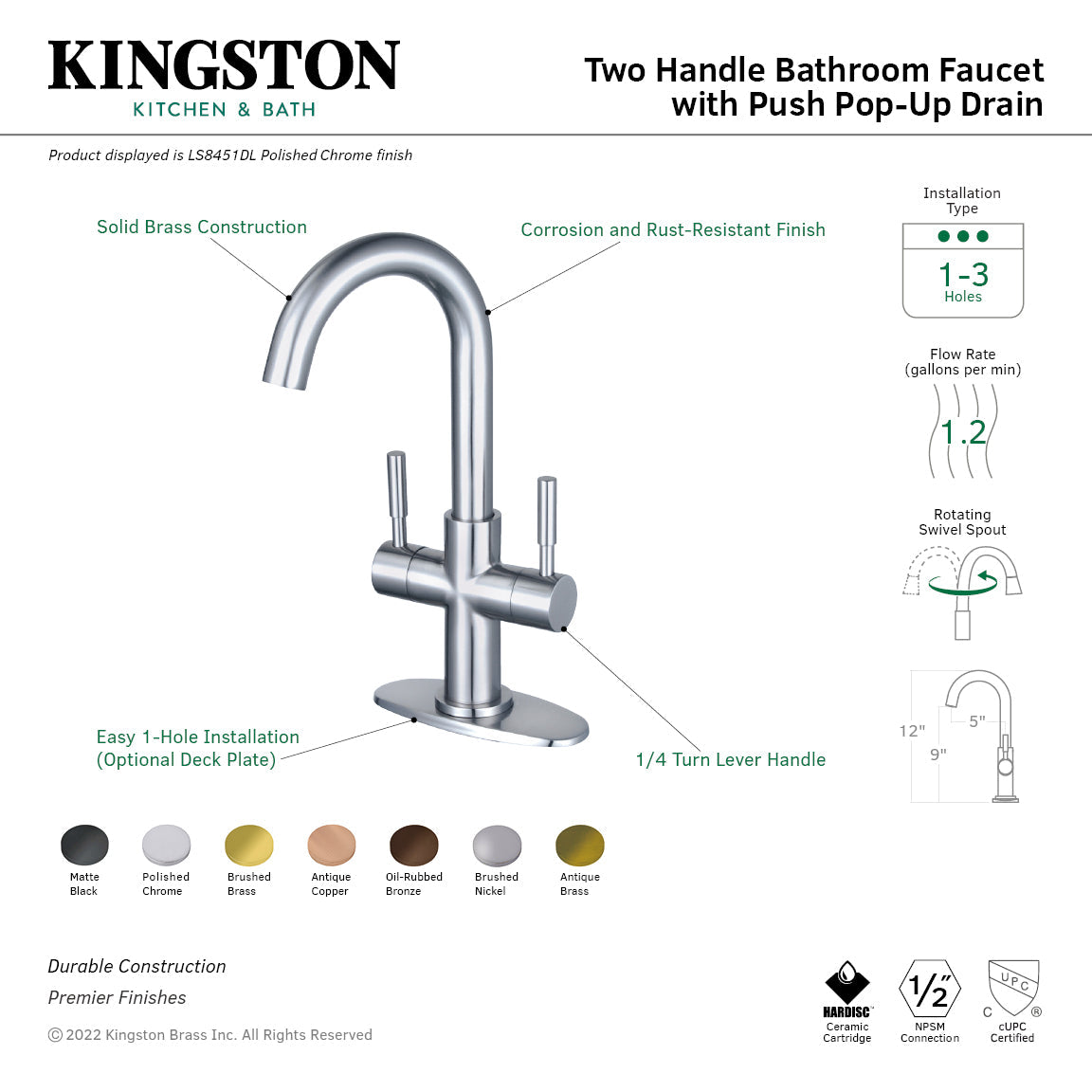 Concord LS8450DL Two-Handle 1-Hole Deck Mount Bathroom Faucet with Push Pop-Up, Matte Black