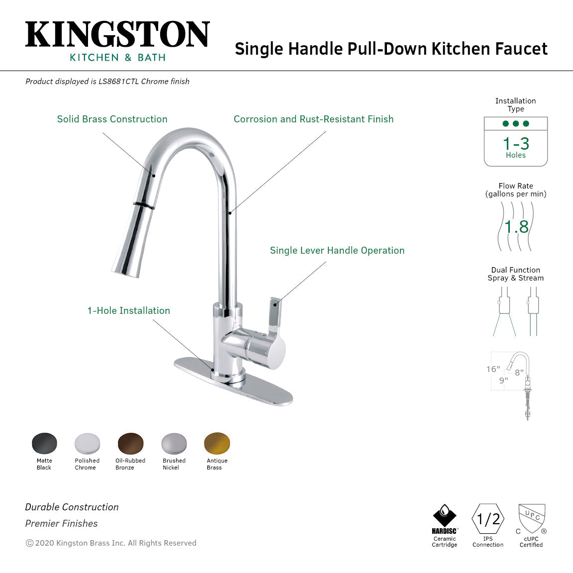 Continental LS8680CTL Single-Handle 1-Hole Deck Mount Pull-Down Sprayer Kitchen Faucet, Matte Black