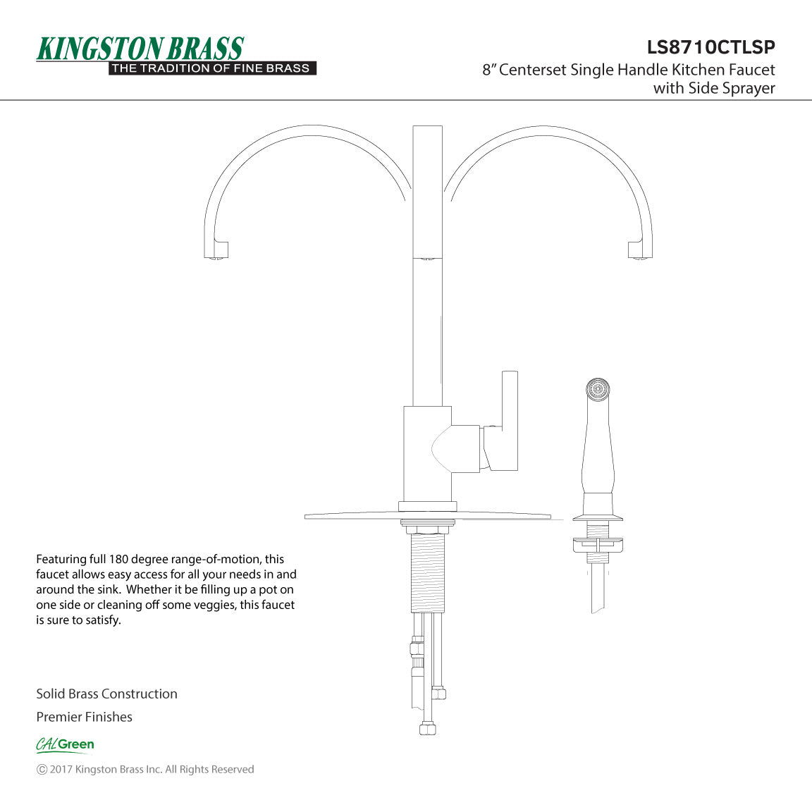 Continental LS8710CTLSP Single-Handle 2-Hole Deck Mount Kitchen Faucet with Side Sprayer, Matte Black