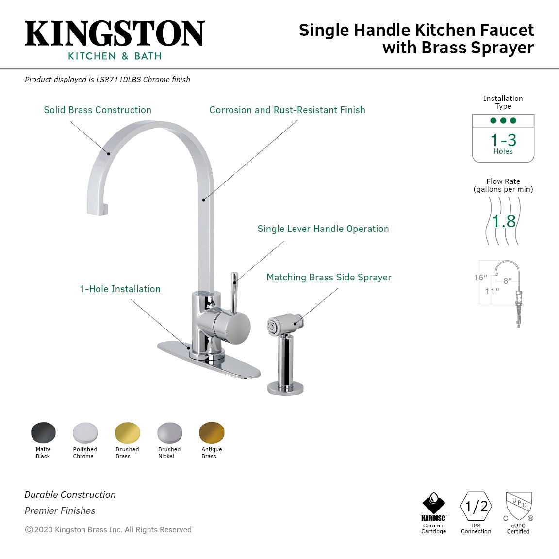 Concord LS8710DLBS Single-Handle Deck Mount Kitchen Faucet with Brass Sprayer and Deck Plate, Matte Black