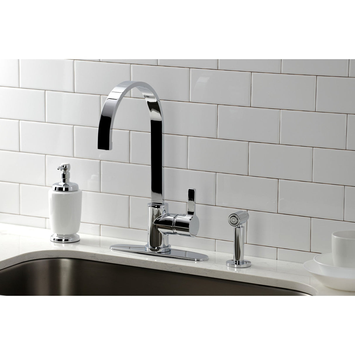 Continental LS8711CTLBS Single-Handle Deck Mount Kitchen Faucet with Brass Sprayer and Deck Plate, Polished Chrome
