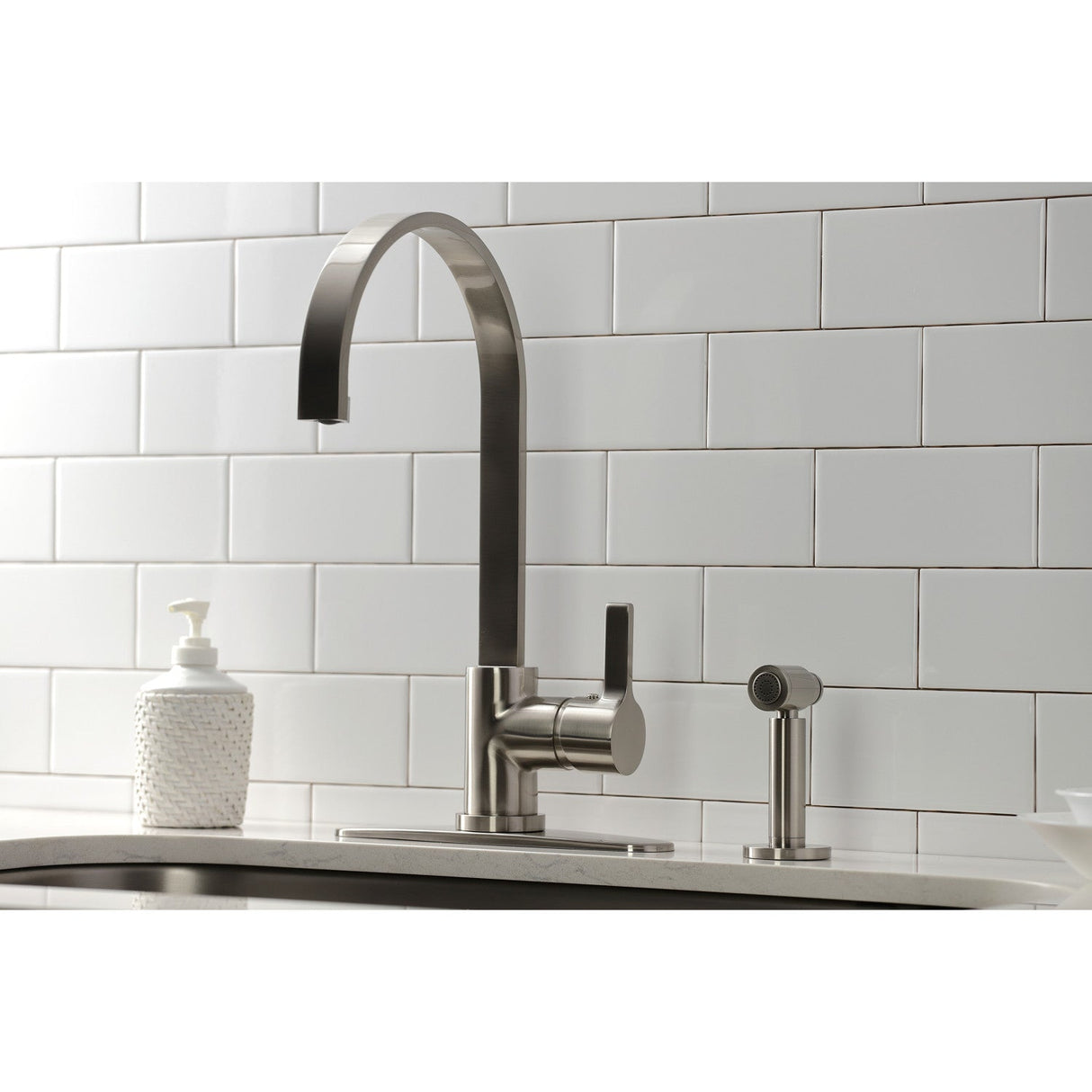 Continental LS8718CTLBS Single-Handle Deck Mount Kitchen Faucet with Brass Sprayer and Deck Plate, Brushed Nickel