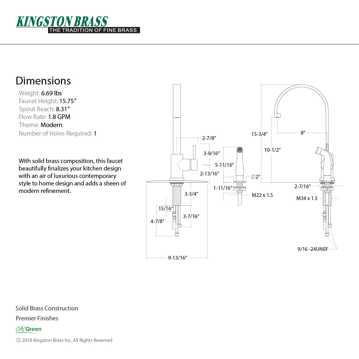 Concord LS8718DLSP Single-Handle 2-Hole Deck Mount Kitchen Faucet with Side Sprayer, Brushed Nickel