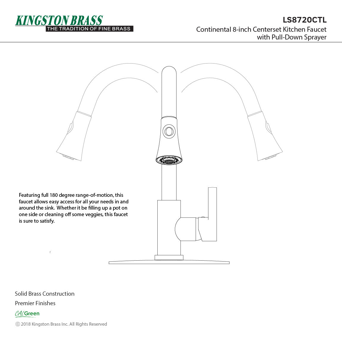 Continental LS8720CTL Single-Handle 1-Hole Deck Mount Pull-Down Sprayer Kitchen Faucet, Matte Black