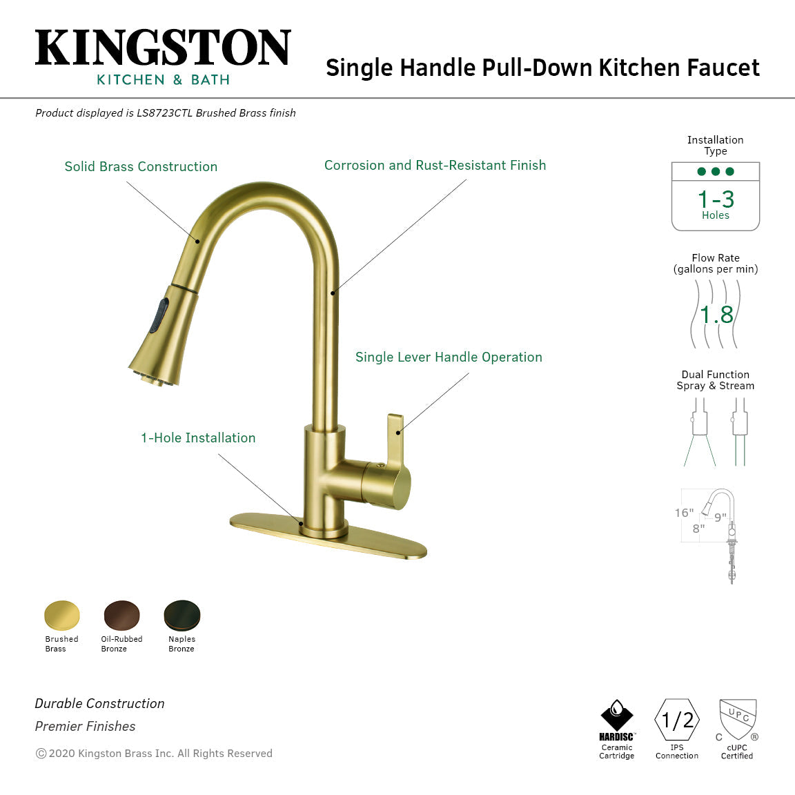 Continental LS8723CTL Single-Handle 1-Hole Deck Mount Pull-Down Sprayer Kitchen Faucet, Brushed Brass