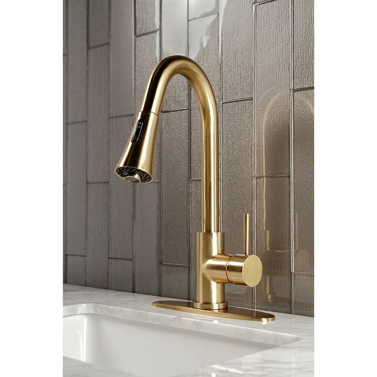 Concord LS8723DL Single-Handle 1-Hole Deck Mount Pull-Down Sprayer Kitchen Faucet, Brushed Brass