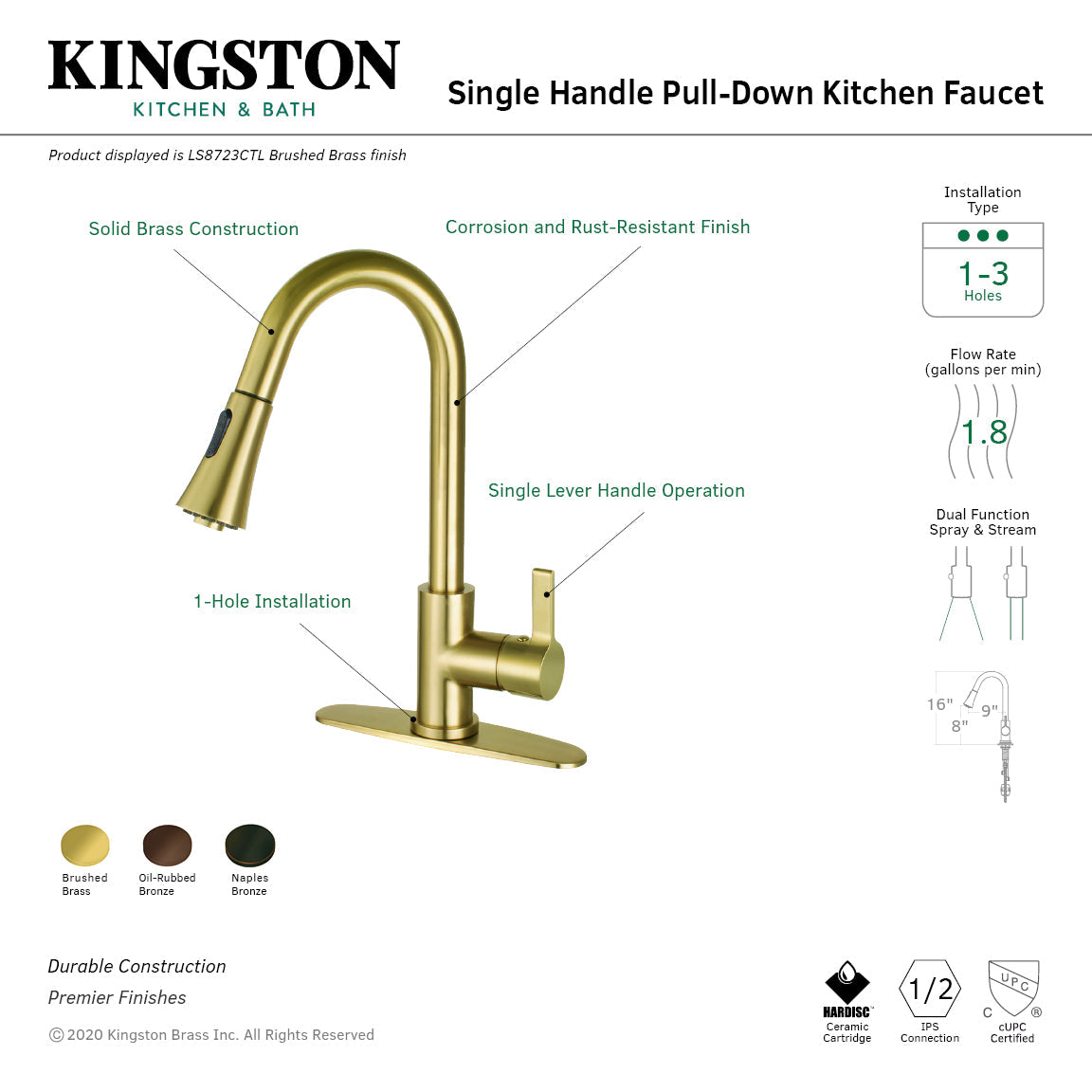 Continental LS8725CTL Single-Handle 1-Hole Deck Mount Pull-Down Sprayer Kitchen Faucet, Oil Rubbed Bronze