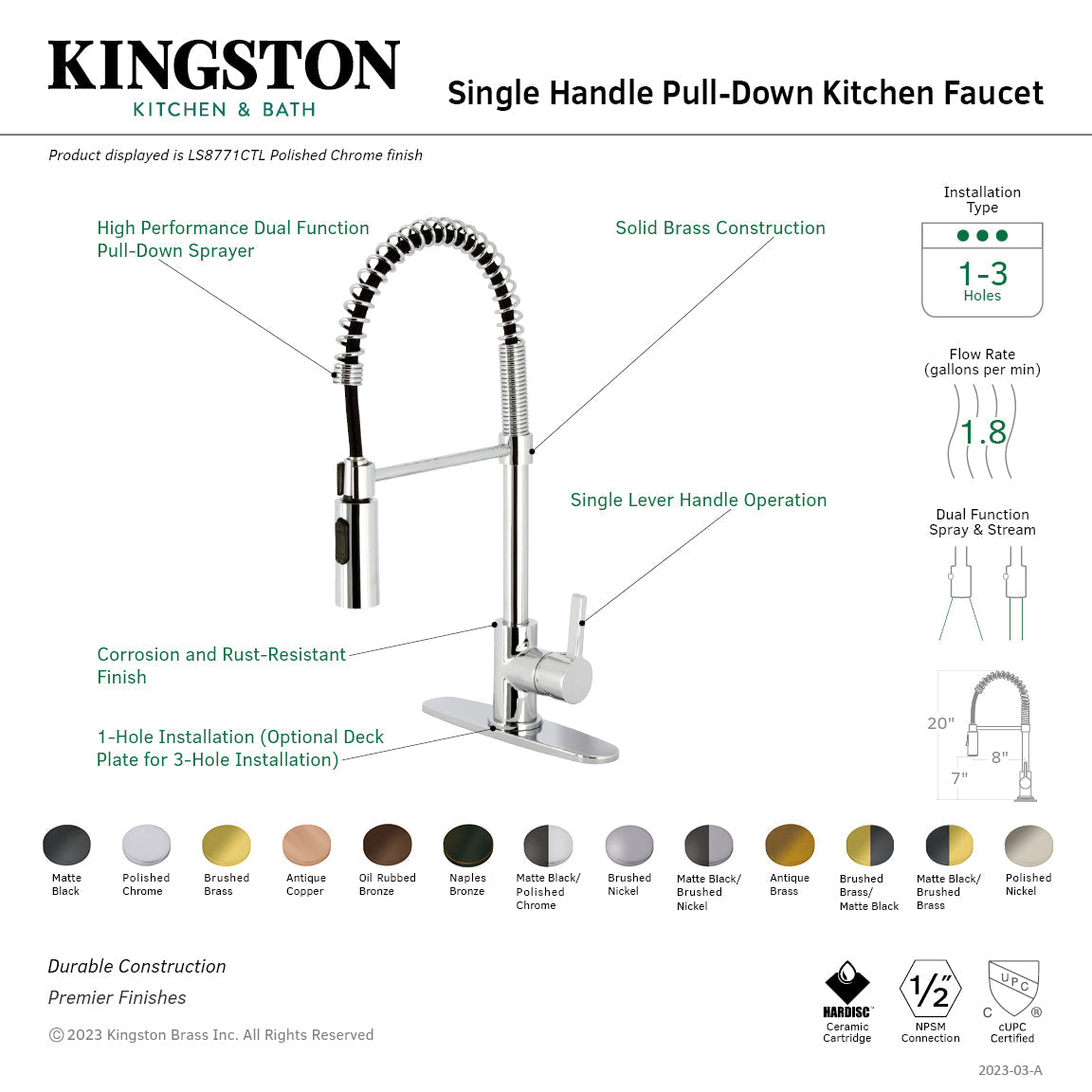 Continental LS8770CTL Single-Handle 1-Hole Deck Mount Pre-Rinse Kitchen Faucet, Matte Black