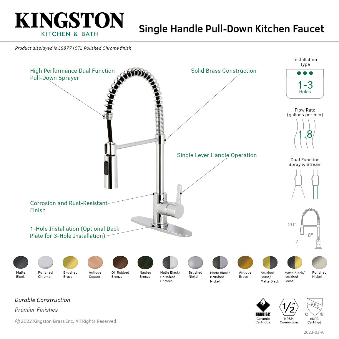 Continental LS877CTLMBBB Single-Handle 1-Hole Deck Mount Pre-Rinse Kitchen Faucet, Matte Black/Brushed Brass