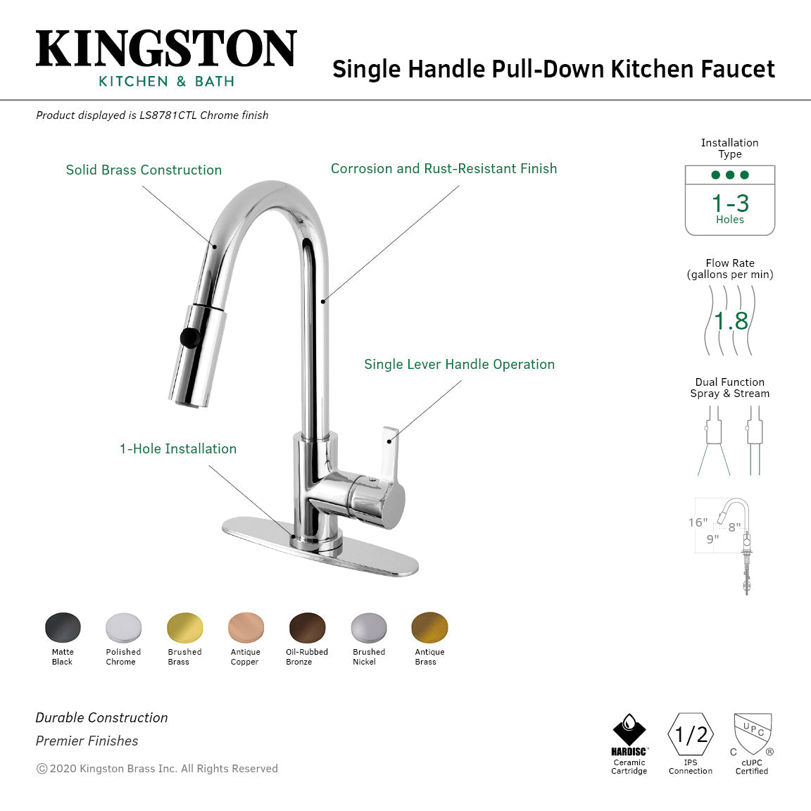 Continental LS8785CTL Single-Handle 1-Hole Deck Mount Pull-Down Sprayer Kitchen Faucet, Oil Rubbed Bronze