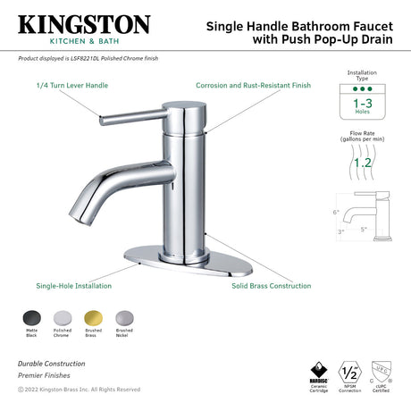 Concord LSF8221DL Single-Handle 1-Hole Deck Mount Bathroom Faucet with Push Pop-Up, Polished Chrome