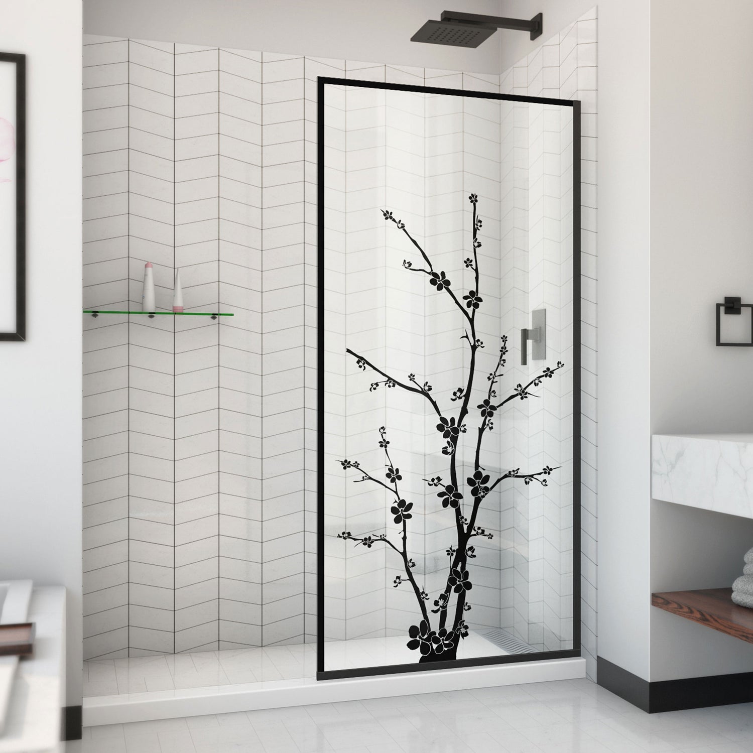 DreamLine Linea Blossom 34 in. W x 72 in. H Single Panel Frameless Shower Door, Open Entry Design in Satin Black