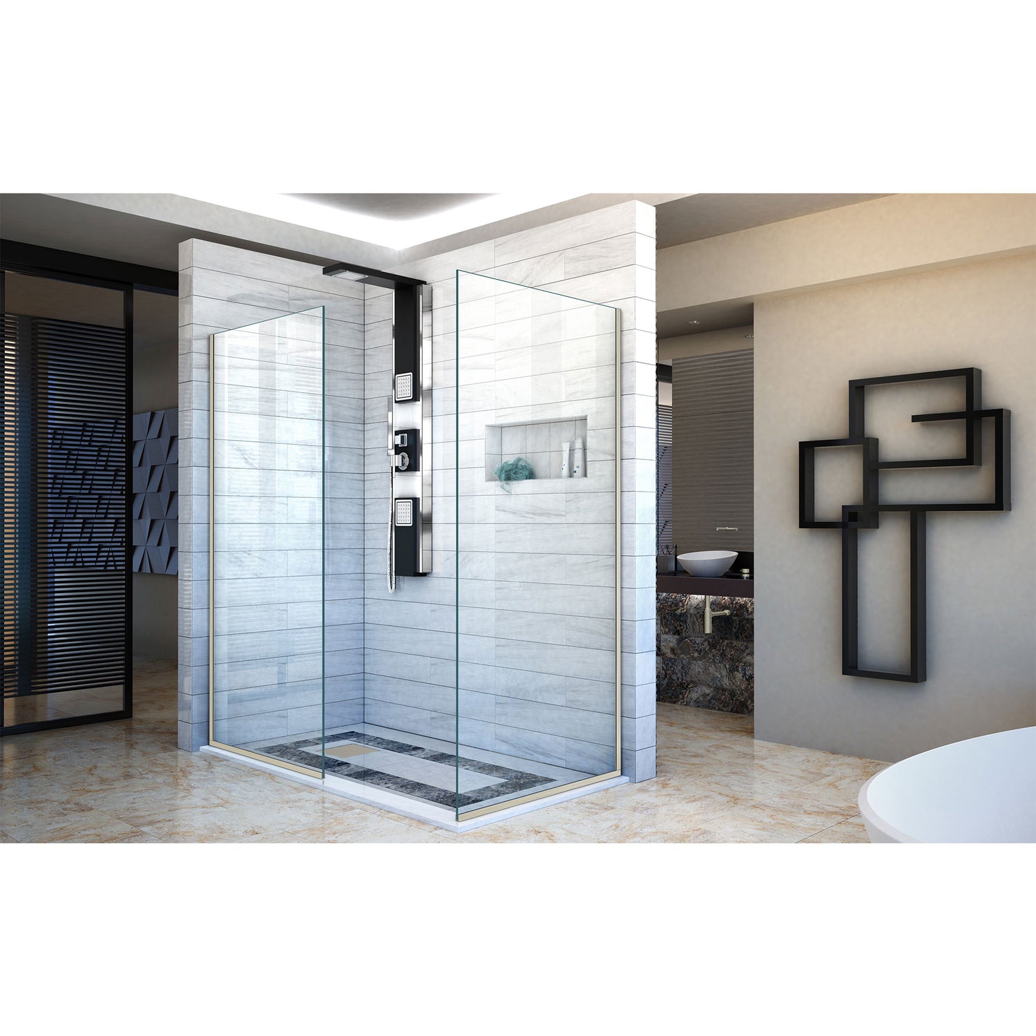 DreamLine Linea Two Individual Frameless Shower Screens 30 in. and 34 in. W x 72 in. H, Open Entry Design in Brushed Nickel