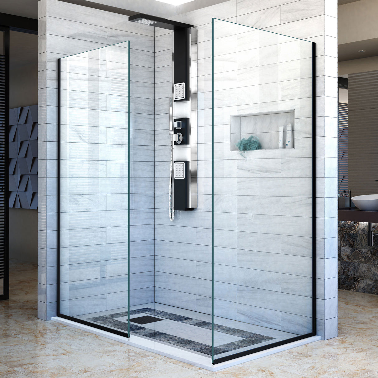 DreamLine Linea Two Individual Frameless Shower Screens 34 in. W x 72 in. H each, Open Entry Design in Satin Black