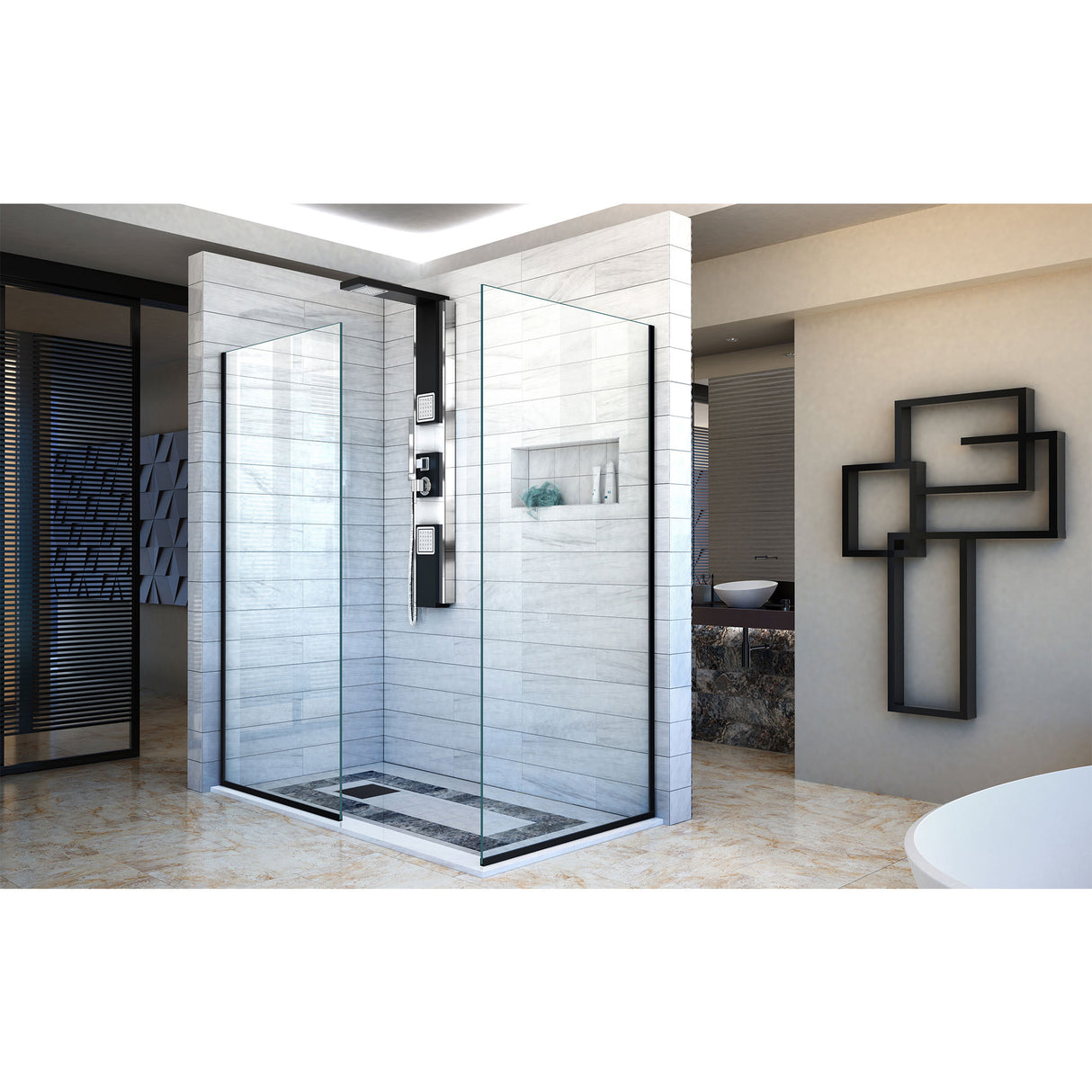 DreamLine Linea Two Individual Frameless Shower Screens 34 in. W x 72 in. H each, Open Entry Design in Satin Black