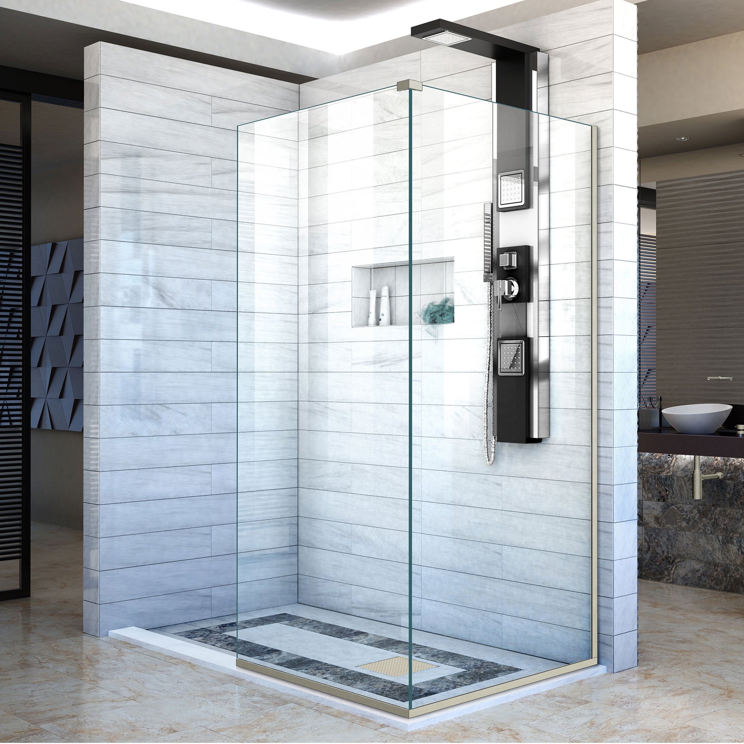 DreamLine Linea Two Adjacent Frameless Shower Screens 34 in. W x 72 in. H each, Open Entry Design in Brushed Nickel