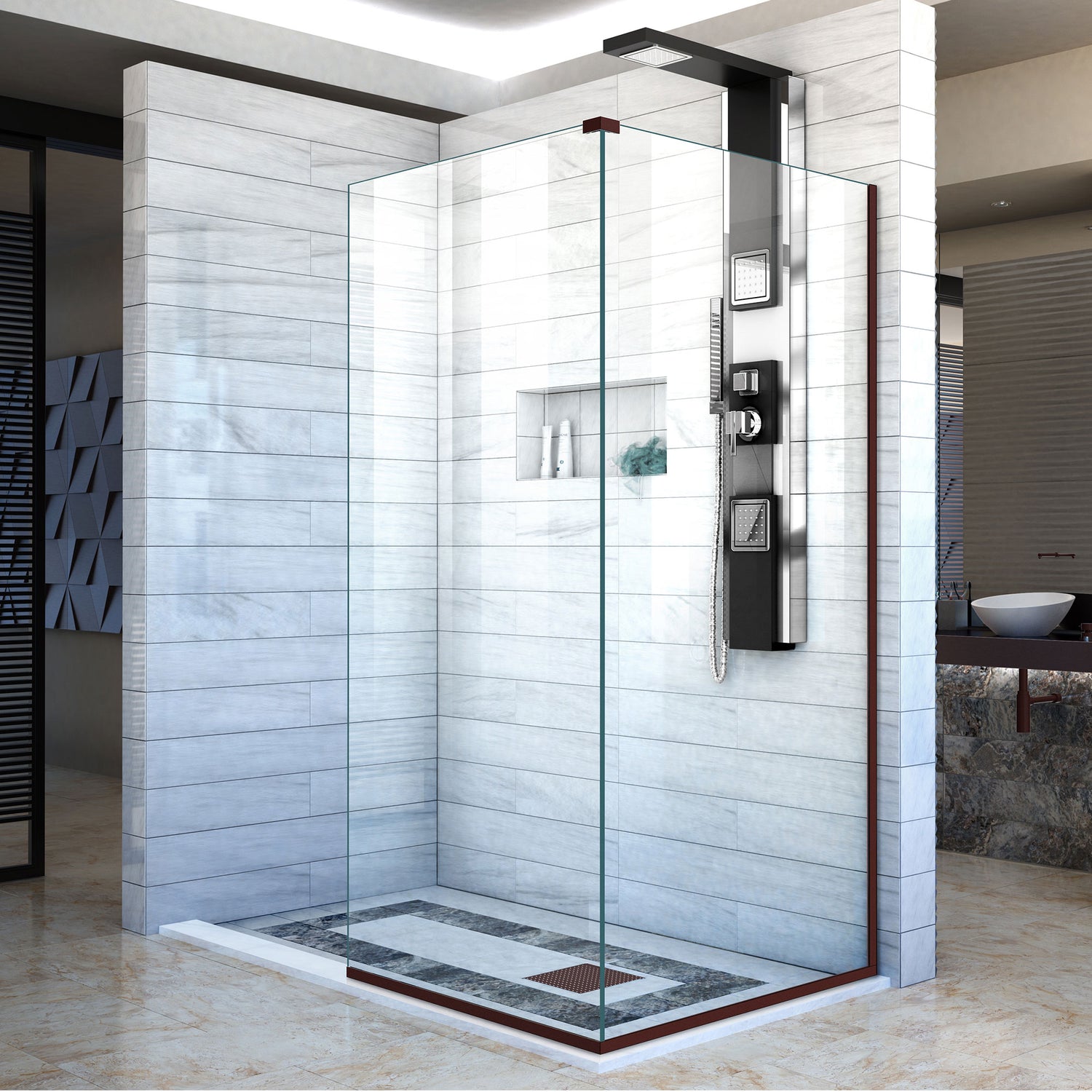 DreamLine Linea Two Adjacent Frameless Shower Screens 30 in. W x 72 in. H each, Open Entry Design in Oil Rubbed Bronze