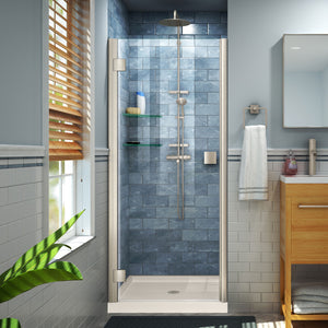 DreamLine Lumen 34 in. D x 42 in. W by 74 3/4 in. H Hinged Shower Door in Brushed Nickel with Biscuit Acrylic Base Kit