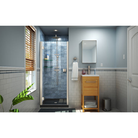 DreamLine Lumen 36 in. D x 42 in. W by 74 3/4 in. H Hinged Shower Door in Brushed Nickel with Black Acrylic Base Kit