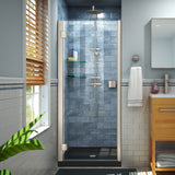 DreamLine Lumen 34 in. D x 42 in. W by 74 3/4 in. H Hinged Shower Door in Brushed Nickel with Black Acrylic Base Kit