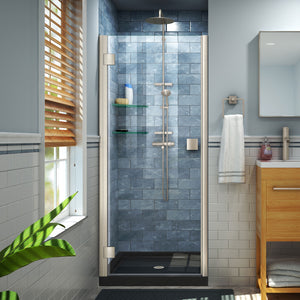 DreamLine Lumen 34 in. D x 42 in. W by 74 3/4 in. H Hinged Shower Door in Brushed Nickel with Black Acrylic Base Kit