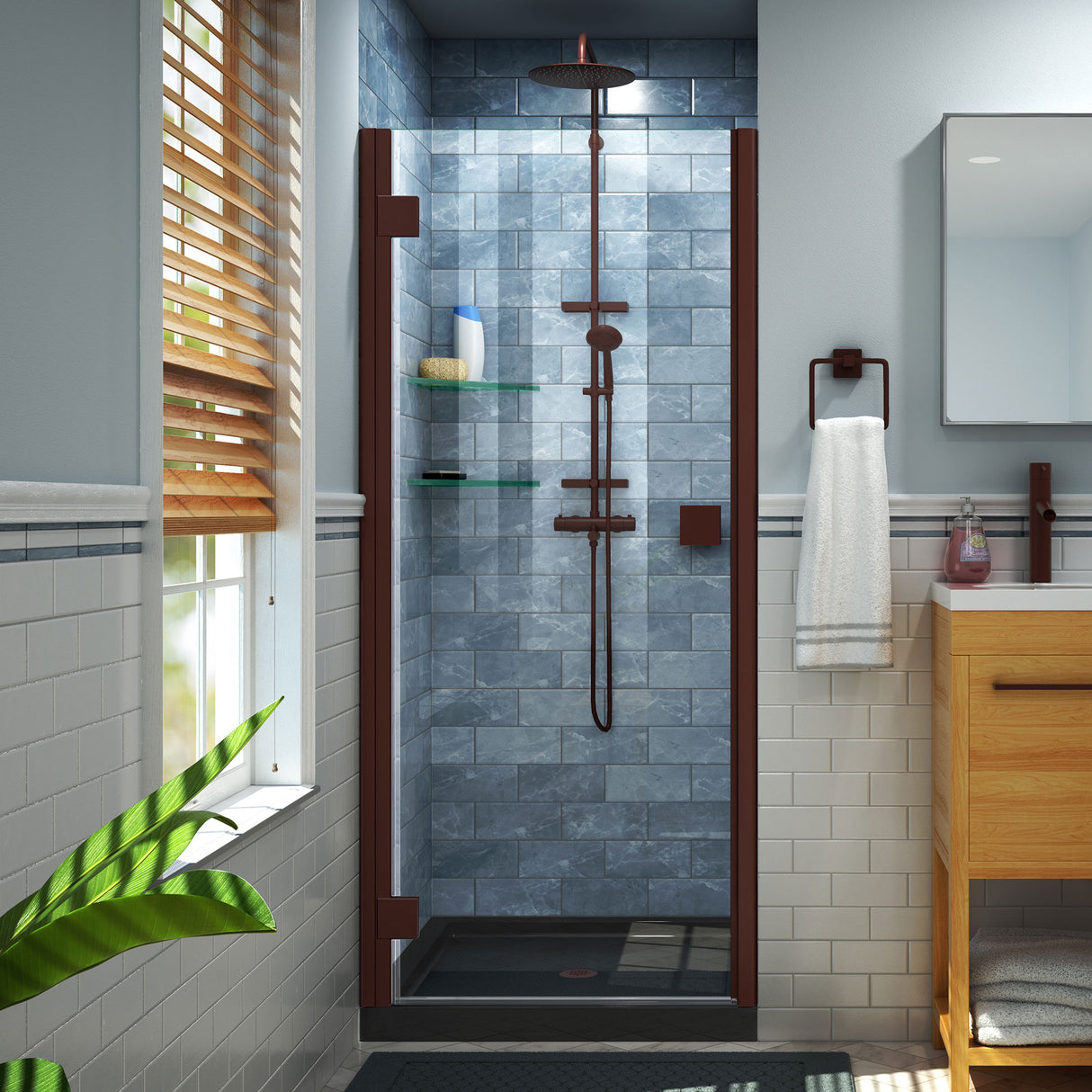 DreamLine Lumen 36 in. D x 36 in. W by 74 3/4 in. H Hinged Shower Door in Oil Rubbed Bronze with Black Acrylic Base Kit