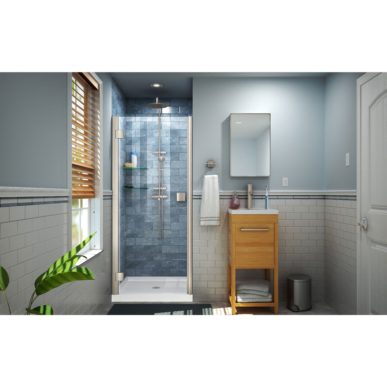 DreamLine Lumen 34 in. D x 42 in. W by 74 3/4 in. H Hinged Shower Door in Brushed Nickel with White Acrylic Base Kit