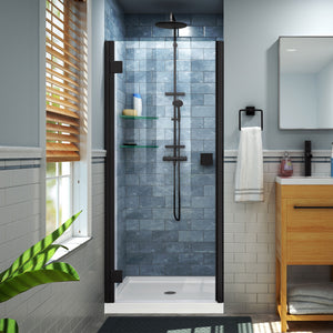 DreamLine Lumen 34 in. D x 42 in. W by 74 3/4 in. H Hinged Shower Door in Satin Black with White Acrylic Base Kit