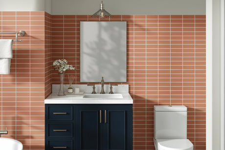 36" Single Sink Bathroom Vanity with Right-Offset Basin and Carrara White Quartz Top – Midnight Blue sink bathroom vanity with carrara white quartz countertop 1.5 edge in midnight blue