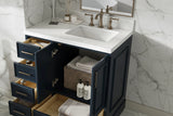36" Single Sink Bathroom Vanity with Right-Offset Basin and Carrara White Quartz Top – Midnight Blue sink bathroom vanity with carrara white quartz countertop 1.5 edge in midnight blue
