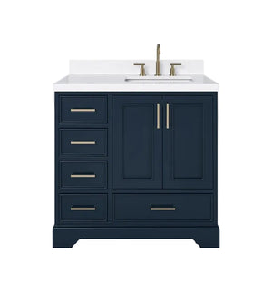 36" Single Sink Bathroom Vanity with Right-Offset Basin and Carrara White Quartz Top – Midnight Blue sink bathroom vanity with carrara white quartz countertop 1.5 edge in midnight blue