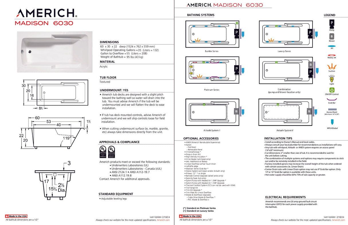 Americh MA6030TA5-BI Madison 6030 - Tub Only / Airbath 5 - Biscuit