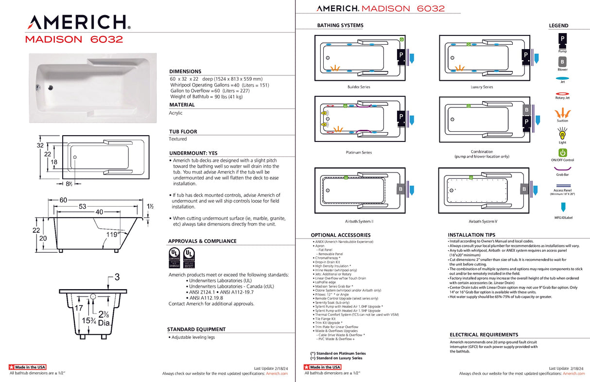 Americh MA6032TA5-BI Madison 6032 - Tub Only / Airbath 5 - Biscuit