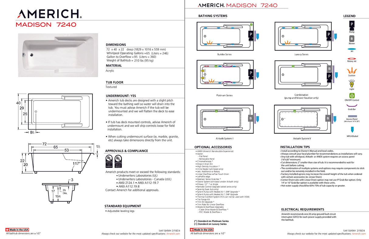 Americh MA7240TA5-BI Madison 7240 - Tub Only / Airbath 5 - Biscuit