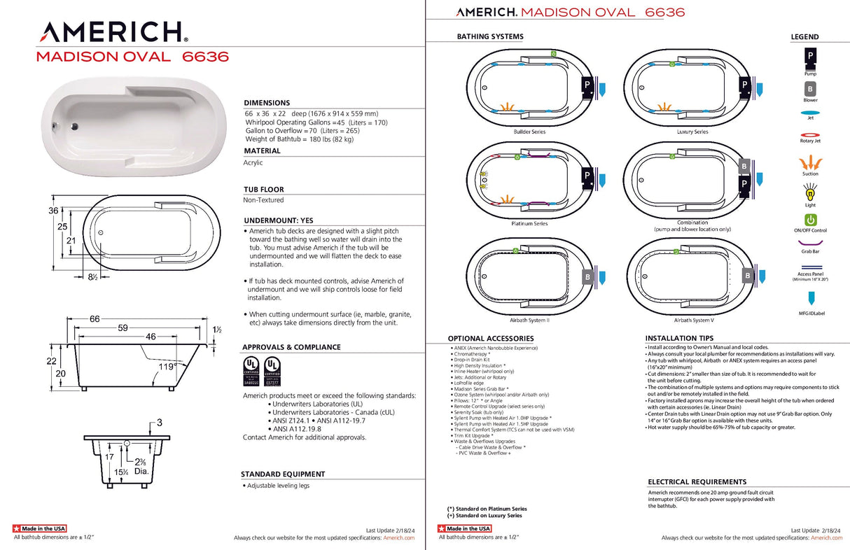 Americh OM6636TA5-BI Madison Oval 6636 - Tub Only / Airbath 5 - Biscuit