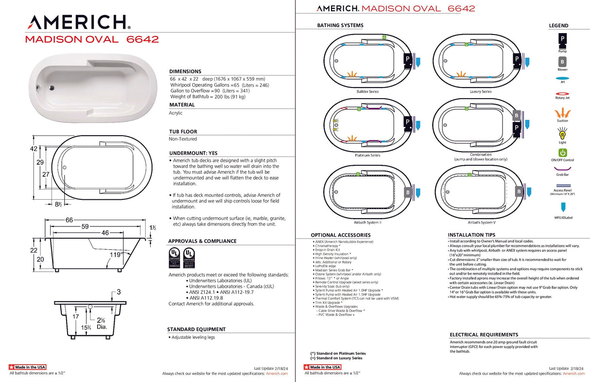 Americh OM6642TA5-BI Madison Oval 6642 - Tub Only / Airbath 5 - Biscuit