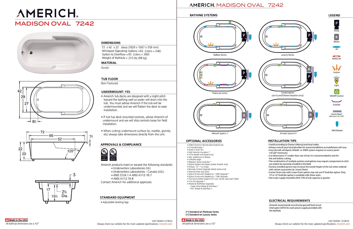 Americh OM7242TA5-BI Madison Oval 7242 - Tub Only / Airbath 5 - Biscuit