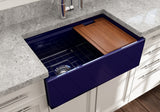 BOCCHI 1344-010-0120 Contempo Step-Rim Apron Front Fireclay 30 in. Single Bowl Kitchen Sink with Integrated Work Station & Accessories in Sapphire Blue