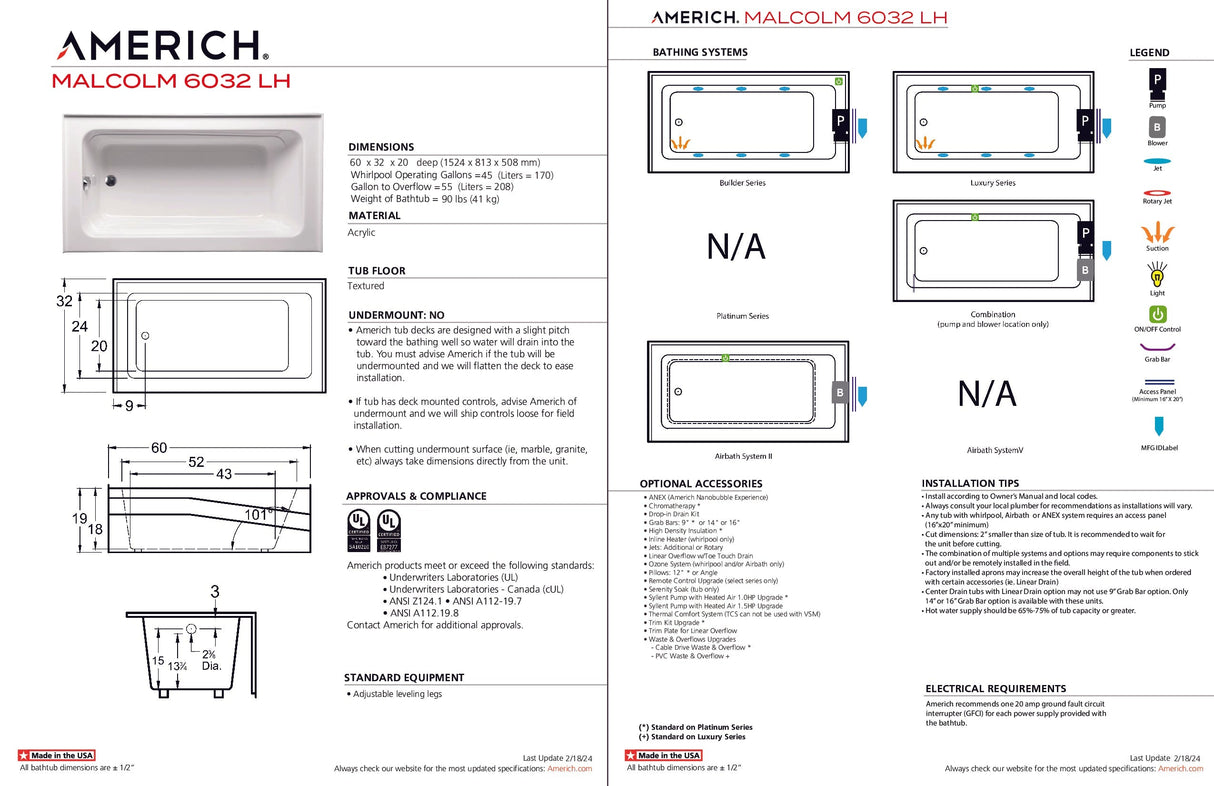 Americh MC6032TLA5-BI Malcolm 6032 Left Hand - Tub Only / Airbath 5 - Biscuit