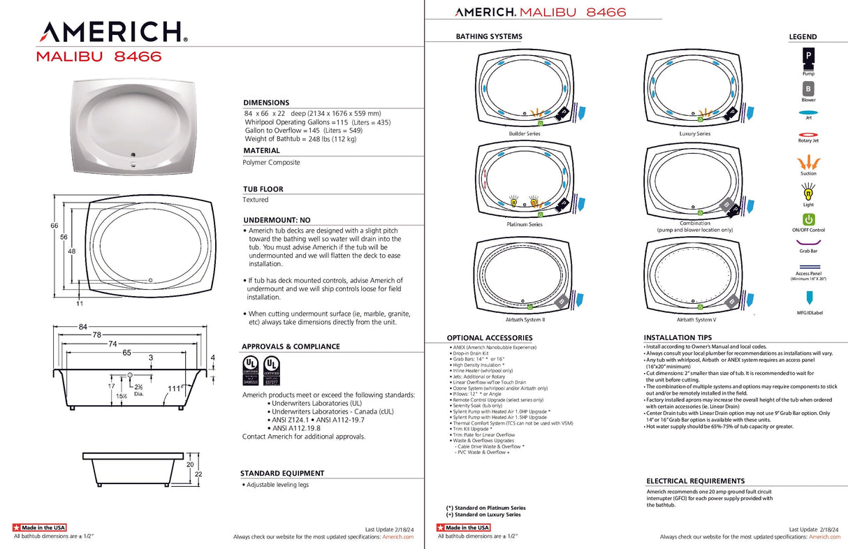 Americh ML8466TA5-BI Malibu 8466 - Tub Only / Airbath 5 - Biscuit