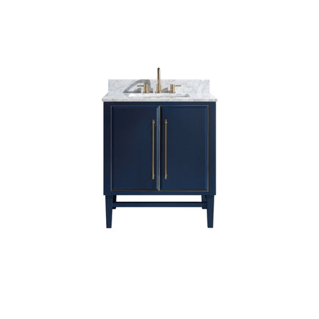 Avanity Mason 31 in. Vanity Combo in Navy Blue with Gold Trim and Carrara White Marble Top