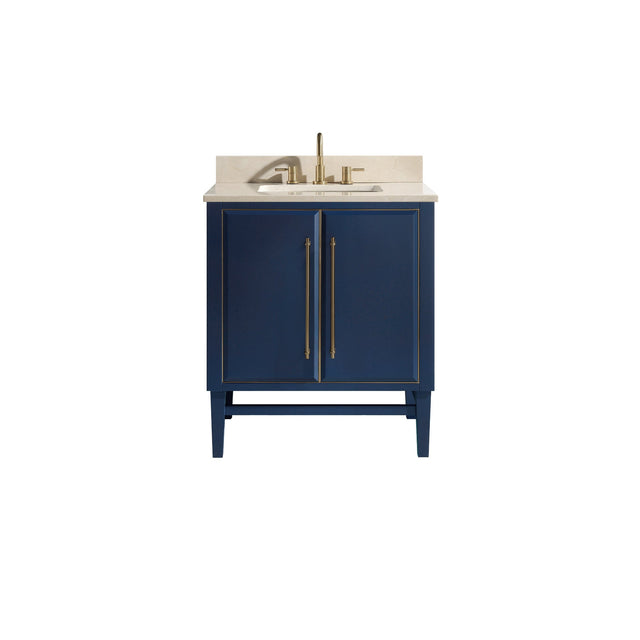 Avanity Mason 31 in. Vanity Combo in Navy Blue with Gold Trim and Crema Marfil Marble Top