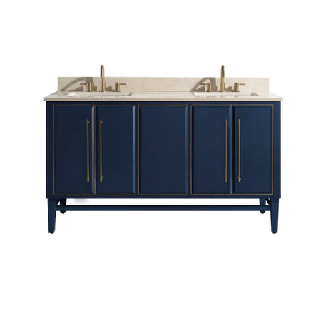 Avanity Mason 61 in. Vanity Combo in Navy Blue with Gold Trim and Crema Marfil Marble Top
